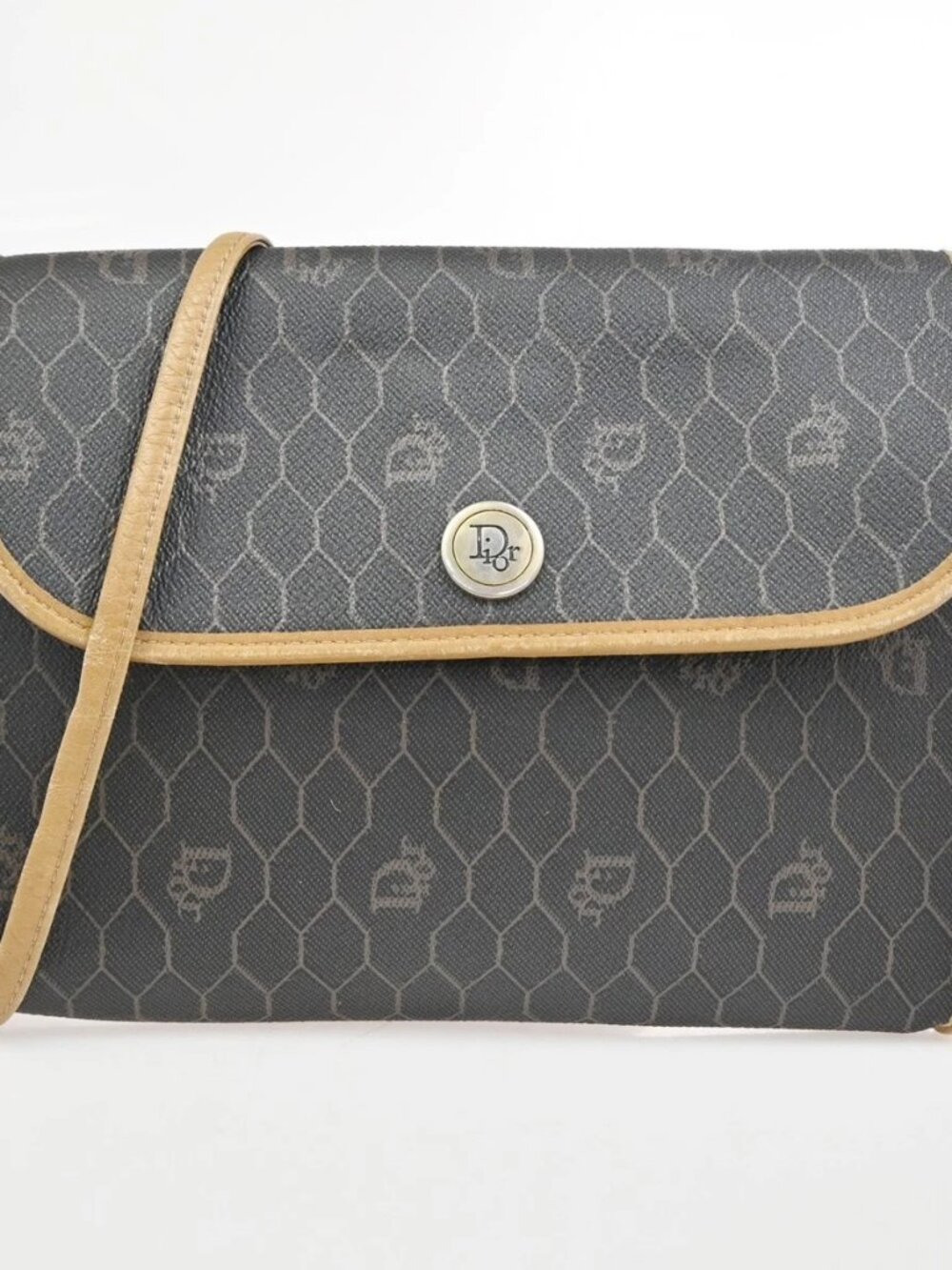 CHRISTIAN DIOR Logo Honeycomb Shoulder Bag PVC Leather Brown GHW France 61KD496